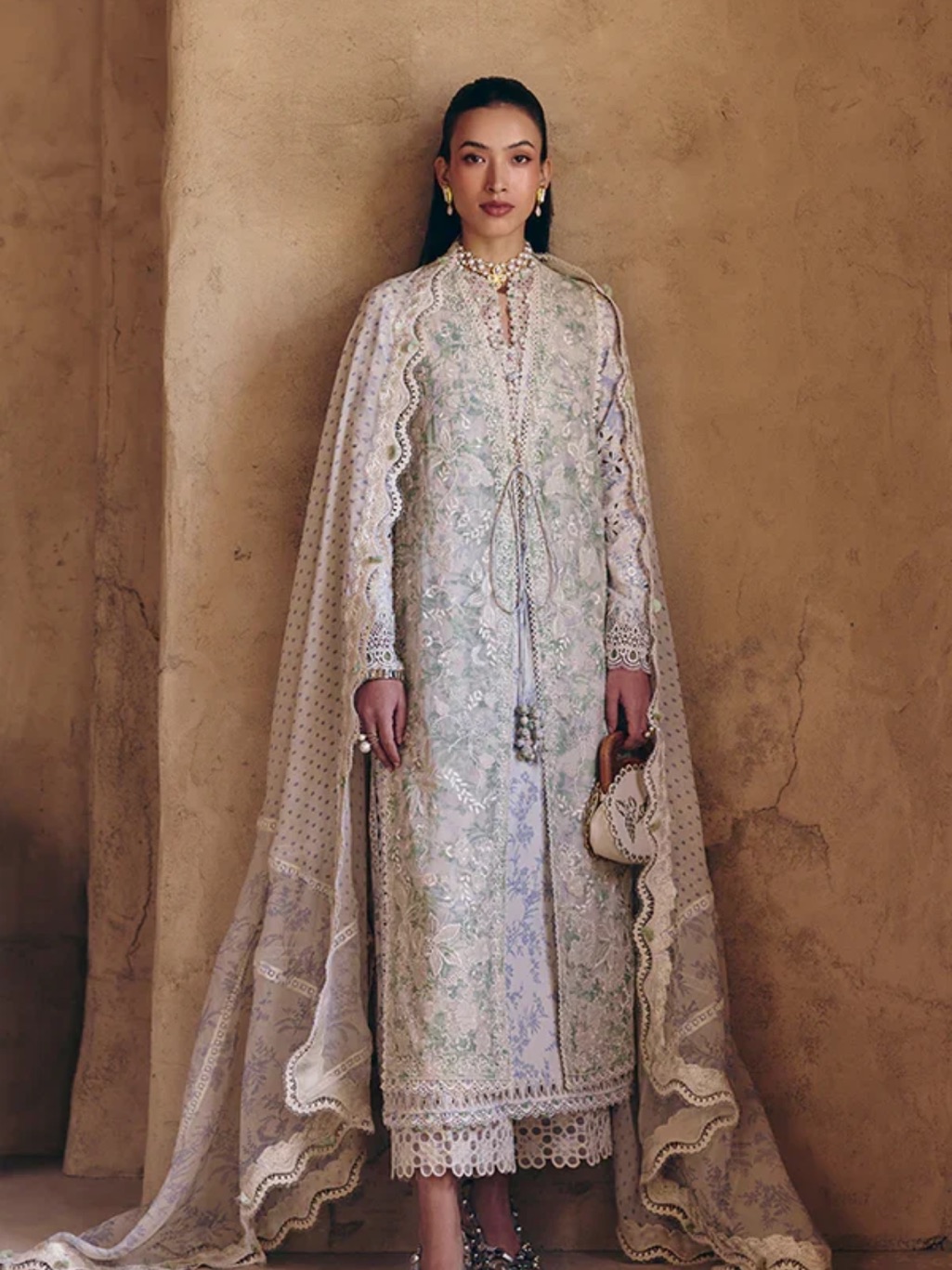 Embroidered Long Sleeve Cape Dress In Cream And Light Green